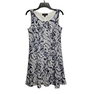 Perceptions Blue & White Paisley Dress Women's Medium Petite